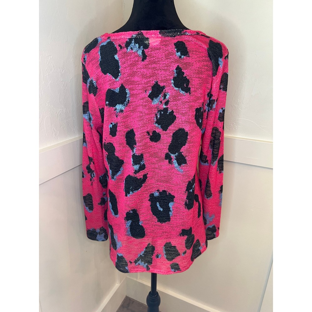 Bibi Women's Pink Black Blue Leopard Print Knit V-Neck Long Sleeve Sweater Top M - Picture 3 of 8